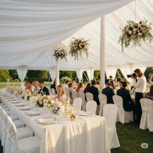 Beautiful tent pavilion set up for an elegant wedding reception.