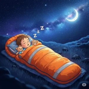 Illustration showing a toddler in a durable sleeping bag, suitable for camping trips, with a starry night sky in the background.