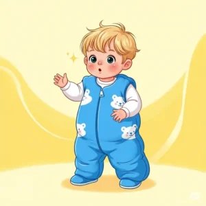  An illustration of a cheerful toddler standing upright in a blue sleep bag walker, ready to explore their surroundings safely and warmly.