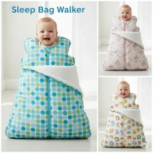 A collection of three different sleep bag walker designs, featuring various patterns and colors, illustrating the diverse options available for parents.