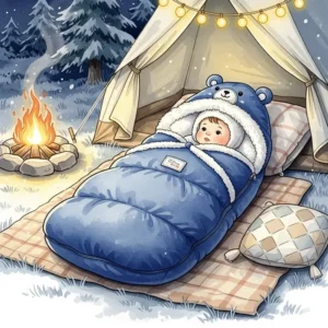 Illustration of a plush, warm infant sleeping bag, perfect for keeping babies cozy during cooler camping temperatures.