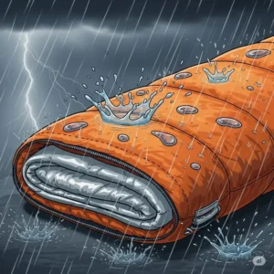 An illustration depicting raindrops bouncing off the outer material of an emergency sleeping bag, highlighting its waterproof and weather-resistant properties.