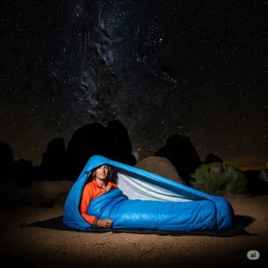 Adventurer using a lightweight waterproof sleeping bag cover as a minimalist bivy sack under the stars.