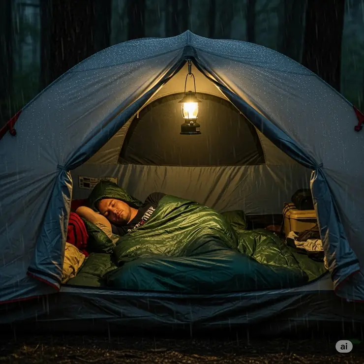 Person comfortably sleeping inside a waterproof sleeping bag cover within a tent during a rainy camping trip.