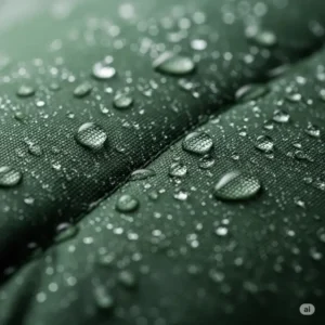 Close-up view of the durable, waterproof fabric of a sleeping bag cover, repelling water droplets.