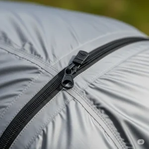 Detail of the waterproof zipper and sealed seams on a high-quality waterproof sleeping bag cover.
