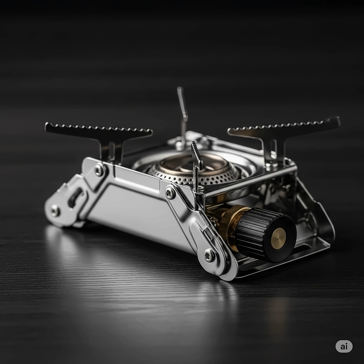 Close-up of a compact 2 burner outdoor stove, folded for easy transport, showcasing its small footprint ideal for backpacking and limited storage space.
