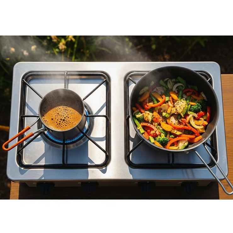 An overhead shot of a 2 burner outdoor stove actively being used with two different-sized pots, demonstrating its versatility for preparing various meals simultaneously, from coffee to stir-fries.