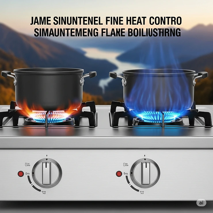 Image illustrating independent flame control knobs on a 2 burner outdoor stove, allowing precise heat adjustment for each burner, perfect for simmering or boiling simultaneously.
