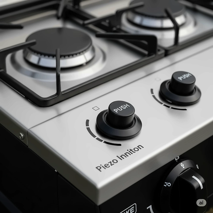 Detailed view of the piezo ignition system on a 2 burner outdoor stove, emphasizing the push-button convenience for quick and reliable lighting without matches.
