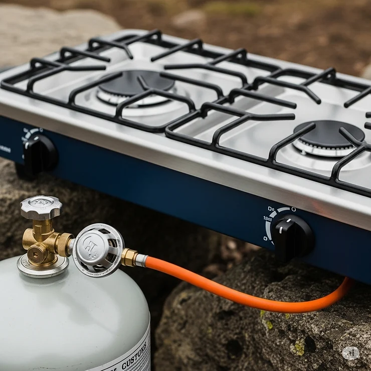 A 2 burner outdoor stove with a connected propane tank, clearly showing the gas line and regulator, highlighting its common fuel source for extended outdoor cooking.