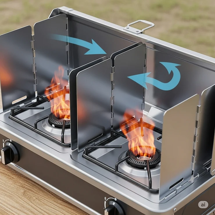 A 2 burner outdoor stove featuring integrated wind shields, depicted in an open position to protect flames from gusts, ensuring consistent cooking performance in breezy conditions.