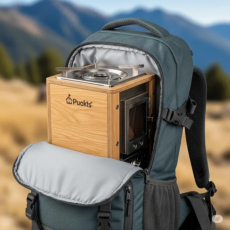 A compact wood pellet camping stove neatly packed inside a backpack, emphasizing its portability for hiking and camping.