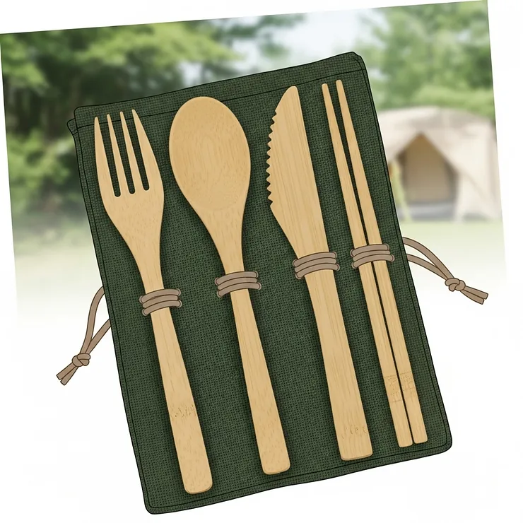 Eco-friendly bamboo camping cutlery set, showcasing a sustainable and lightweight option for campers.