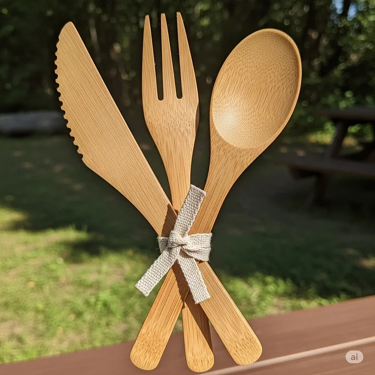 An eco-friendly set of bamboo camping cutlery, including a knife, fork, and spoon, neatly bundled with a fabric tie, emphasizing sustainable outdoor dining.