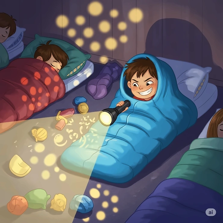 Illustration of a boy shining a flashlight from inside his sleeping bag during a slumber party.