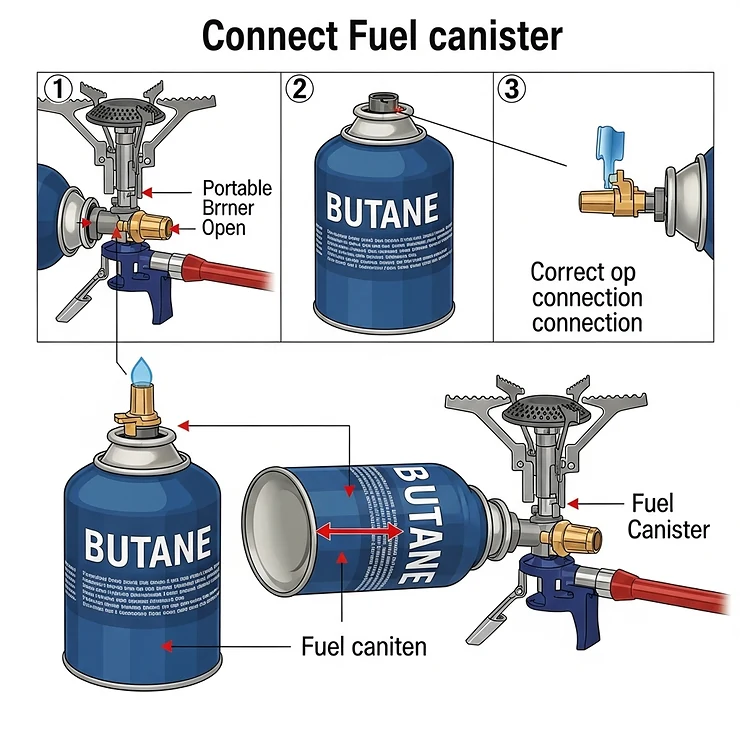 Illustration demonstrating how to correctly connect a butane fuel canister to a portable burner.