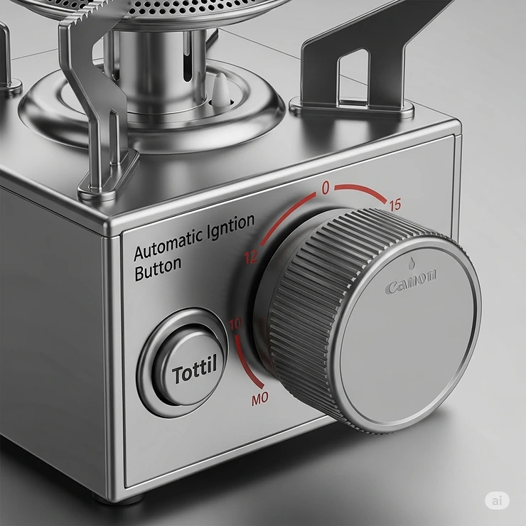 Close-up of a portable butane burner showing the automatic ignition button and flame control knob.