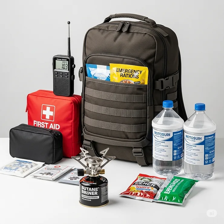 A portable butane burner depicted as an essential item within a well-stocked emergency preparedness kit.