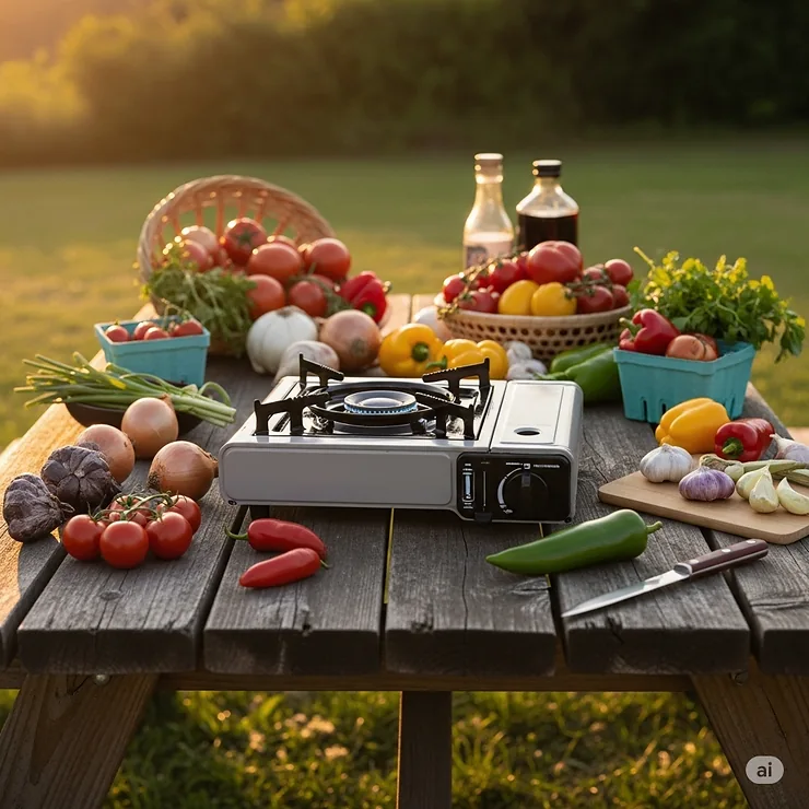 A portable butane burner set up on a picnic table outdoors, surrounded by ingredients for a meal.