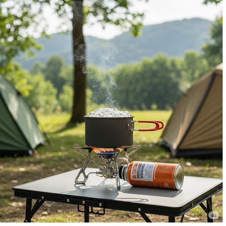 A compact butane stove in action, boiling water on a camping trip, demonstrating its quick setup and efficiency.