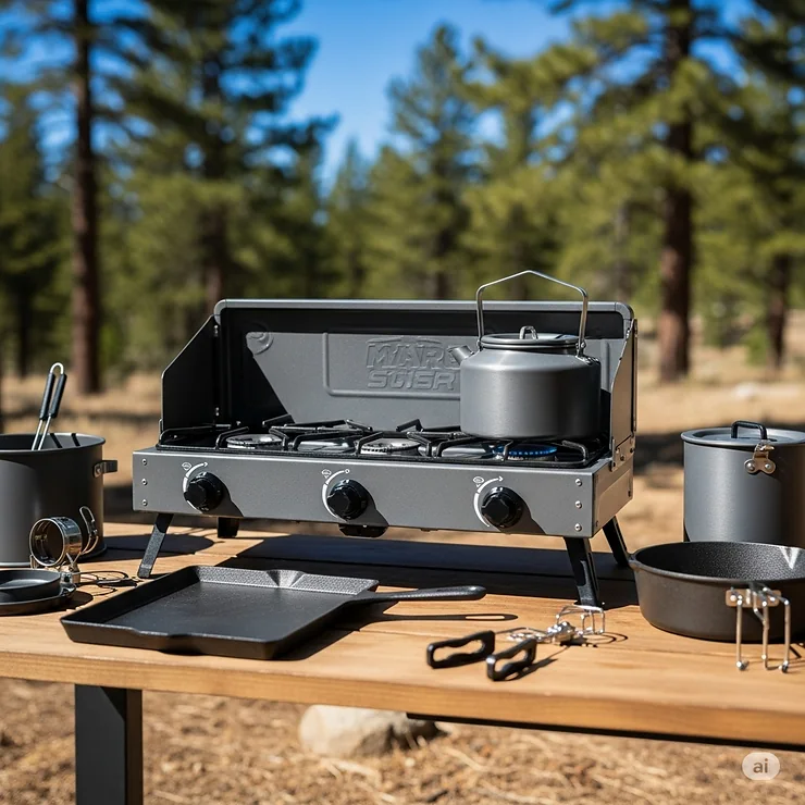 A three-burner camp stove displayed with compatible cooking accessories like a griddle and kettle, showcasing its adaptability for diverse culinary needs.