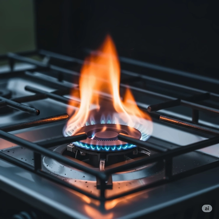 Close-up view of a high-efficiency burner ignited on a three-burner camp stove, demonstrating precise flame control for outdoor cooking.