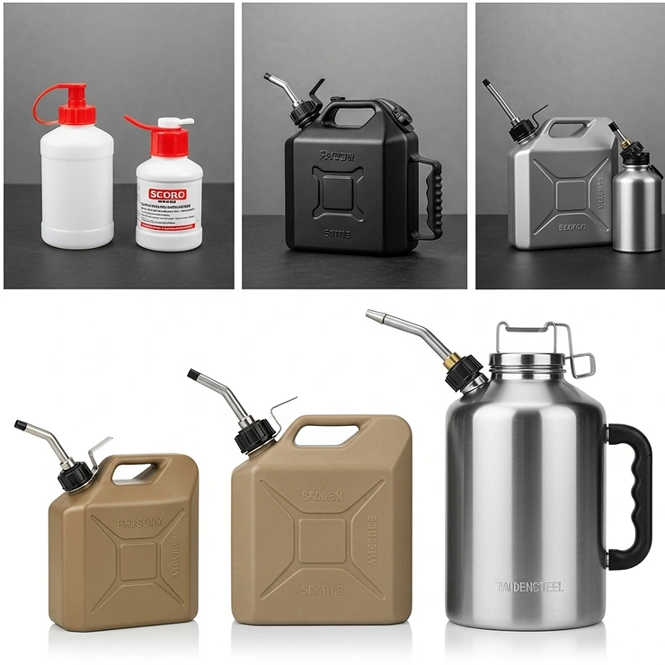A selection of sturdy fuel bottles specifically designed for carrying and dispensing gasoline for camp stoves, highlighting different sizes and designs.