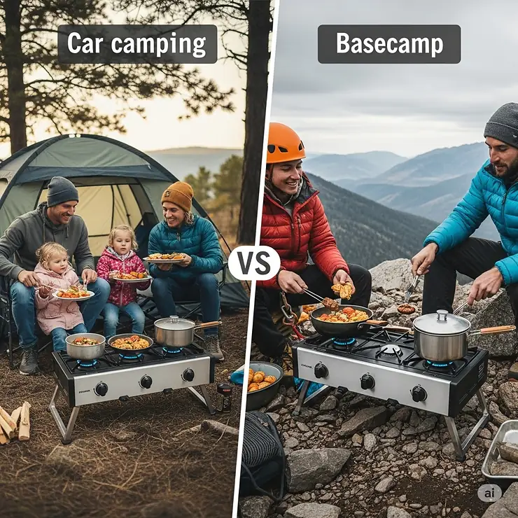 Visual comparison illustrating the ideal use cases for a three-burner camp stove, suitable for both car camping and basecamp setups due to its multi-burner capacity.
