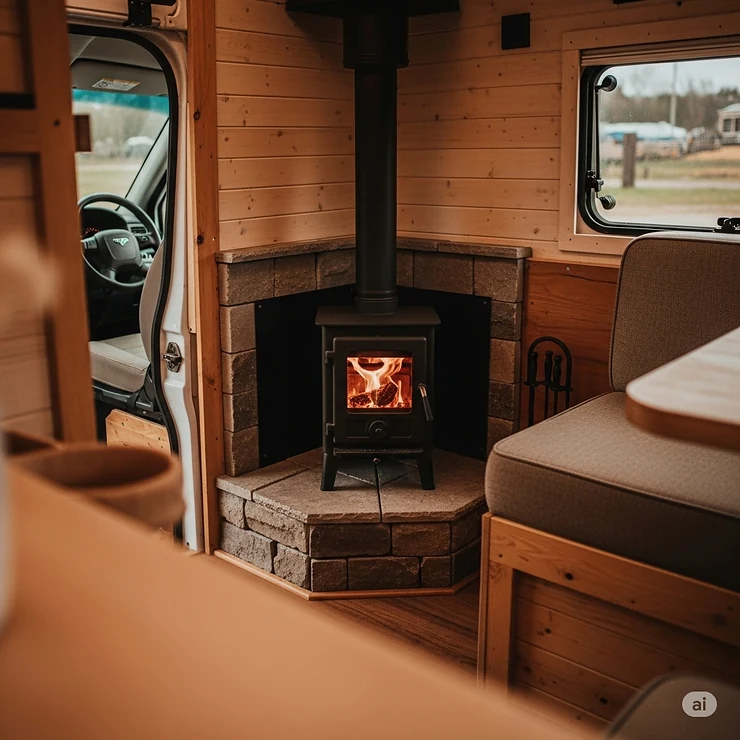 Interior view of a camper showing a small wood stove providing warmth and ambiance, highlighting how it integrates seamlessly into the living area.