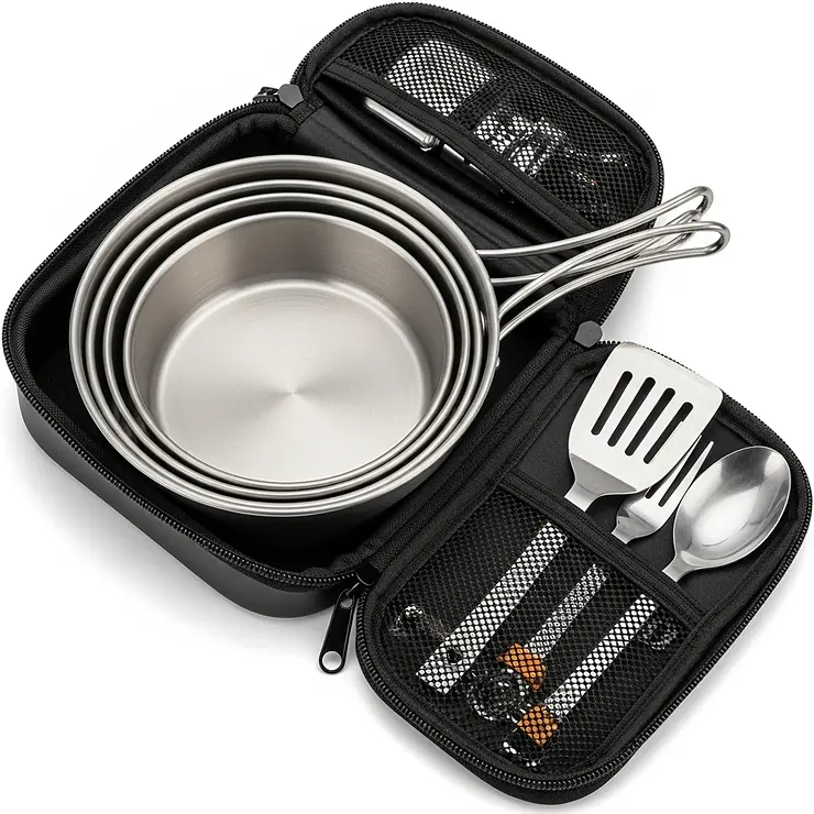 Lightweight stainless steel cookware set neatly packed for backpacking trips, showcasing compact design and portability.