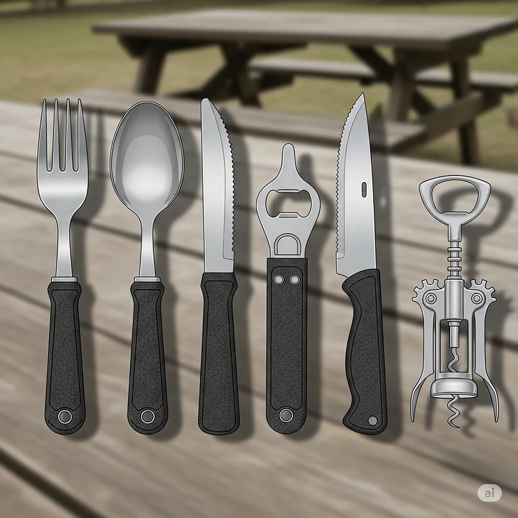 Various essential components of a multi-functional camping cutlery set, including a fork, spoon, knife, and integrated bottle opener.