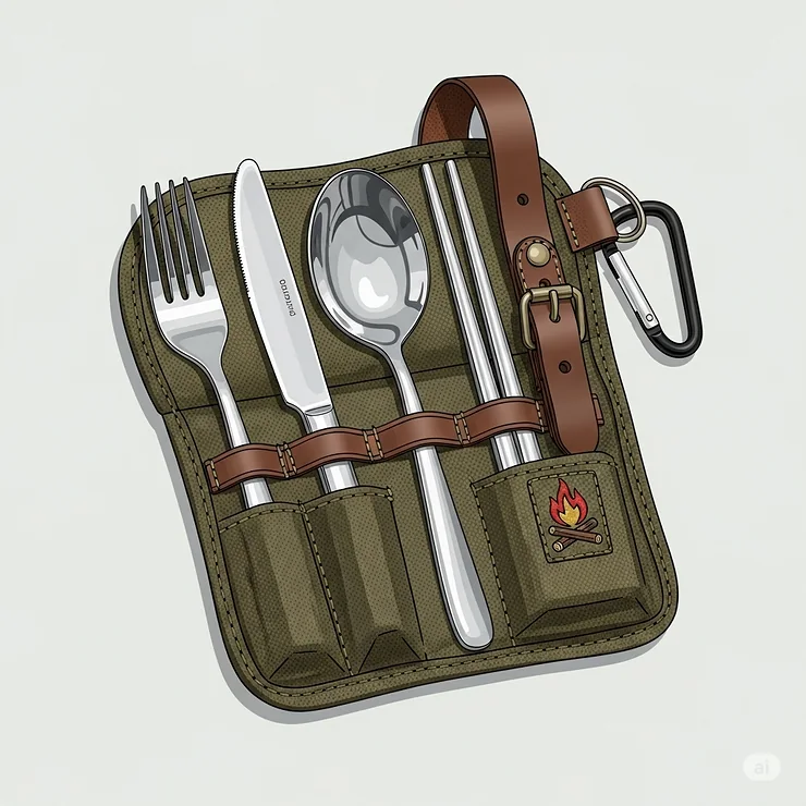 A practical camping cutlery set neatly stored in a waterproof travel case, emphasizing portability and hygiene.