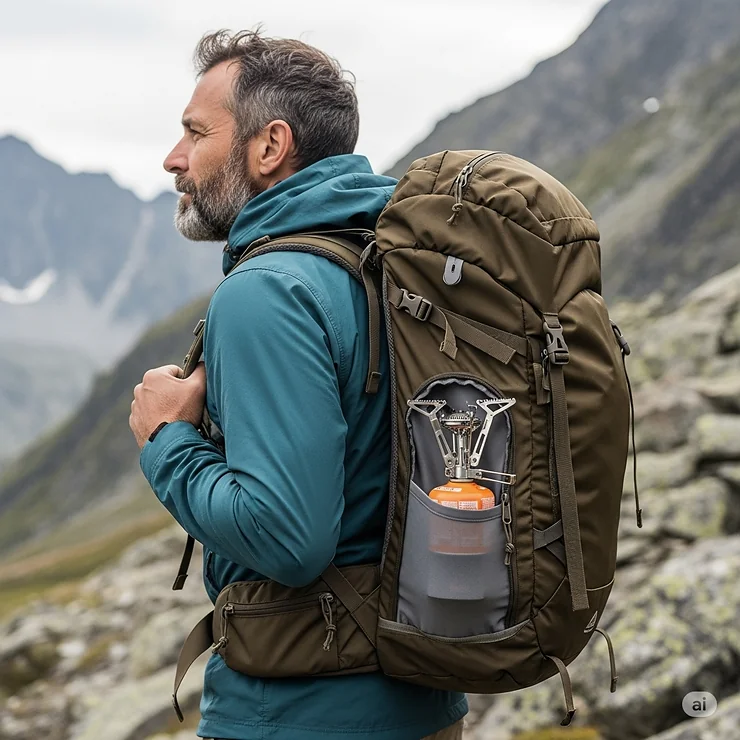 A hiker carrying a backpack with a lightweight camping foldable stove packed inside, emphasizing its portability.