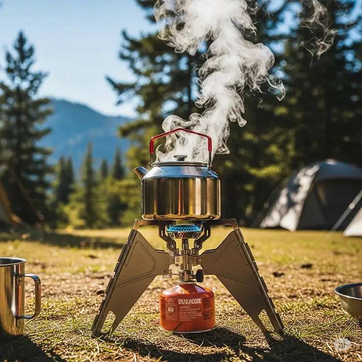 A durable camping foldable stove with a kettle boiling water, illustrating efficient outdoor cooking.