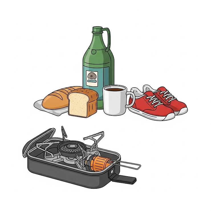 An illustration showing the compact dimensions of a camping foldable stove compared to everyday items, highlighting its small footprint.