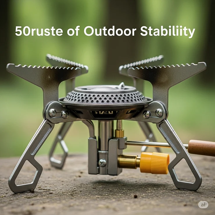 Detailed view of a camping foldable stoves features, including airflow vents and sturdy pot supports for outdoor stability.