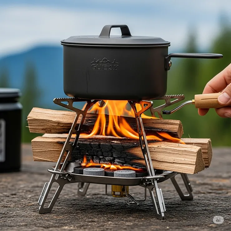 Different fuel sources like wood and solid fuel tablets being used with a versatile camping foldable stove.