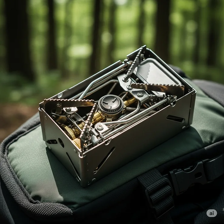 Close-up of a camping foldable stove in its compact, packed state, demonstrating its portability for backpacking.