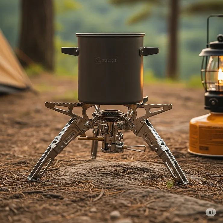 An unfolded camping foldable stove, showcasing its stable design and ready for use at a campsite.