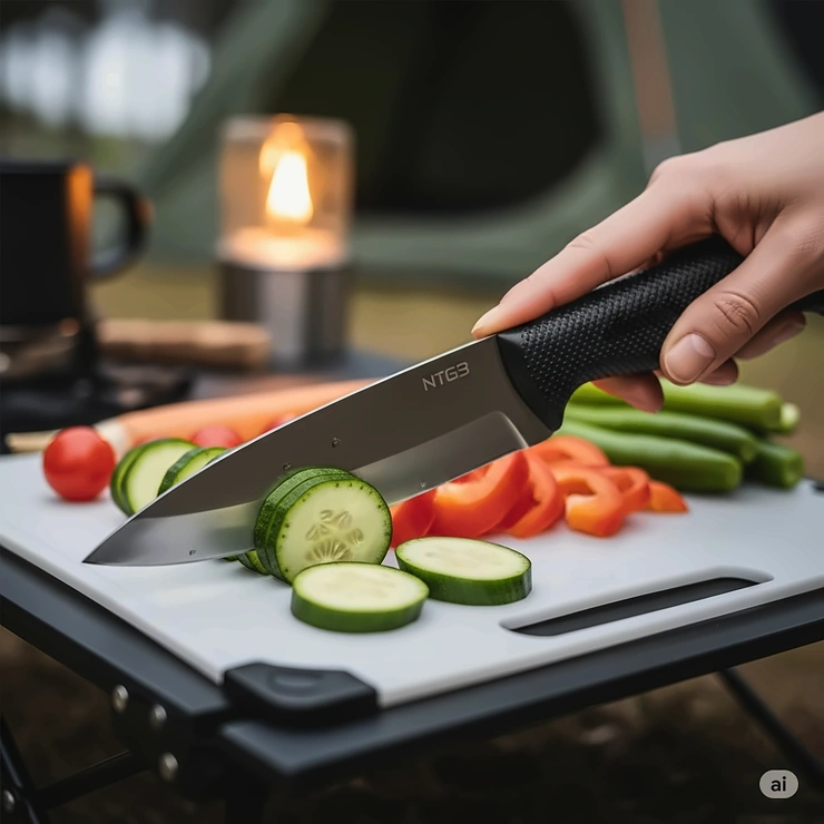 A sharp camping knife being used to slice vegetables on a portable cutting board, highlighting its utility as a key camping utensil for meal prep.