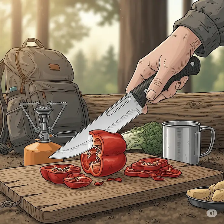 A sharp camping knife, part of a cutlery set, efficiently cutting food during an outdoor cooking scene.
