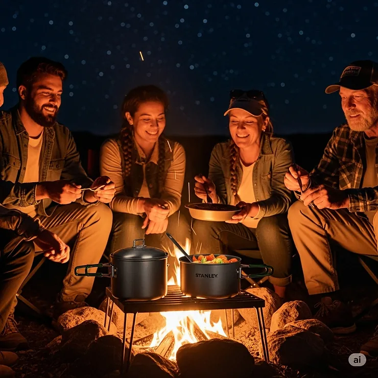 Happy campers enjoying a freshly cooked meal prepared using a versatile Stanley camping cookware set.