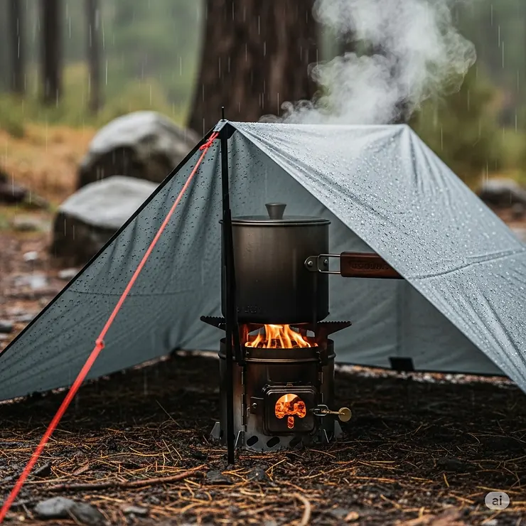 A durable camping rocket stove operating under a small tarp during light rain, showcasing its reliability in various outdoor conditions.
