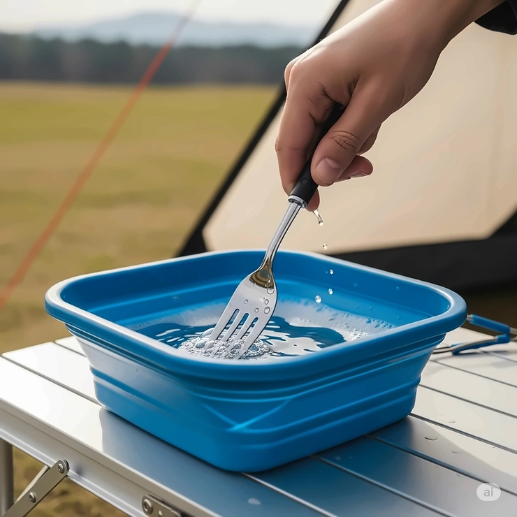 A hand washing a piece of camping silverware in a portable basin at a campsite, illustrating the ease of cleaning these essential outdoor utensils.