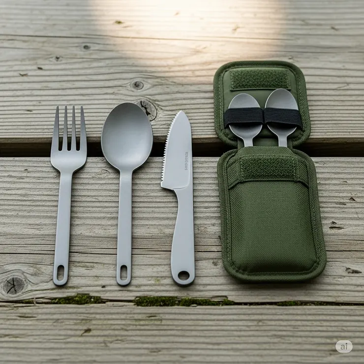 A complete lightweight camping silverware set organized on a wooden picnic table, featuring a fork, spoon, knife, and carrying case, ready for an outdoor meal.