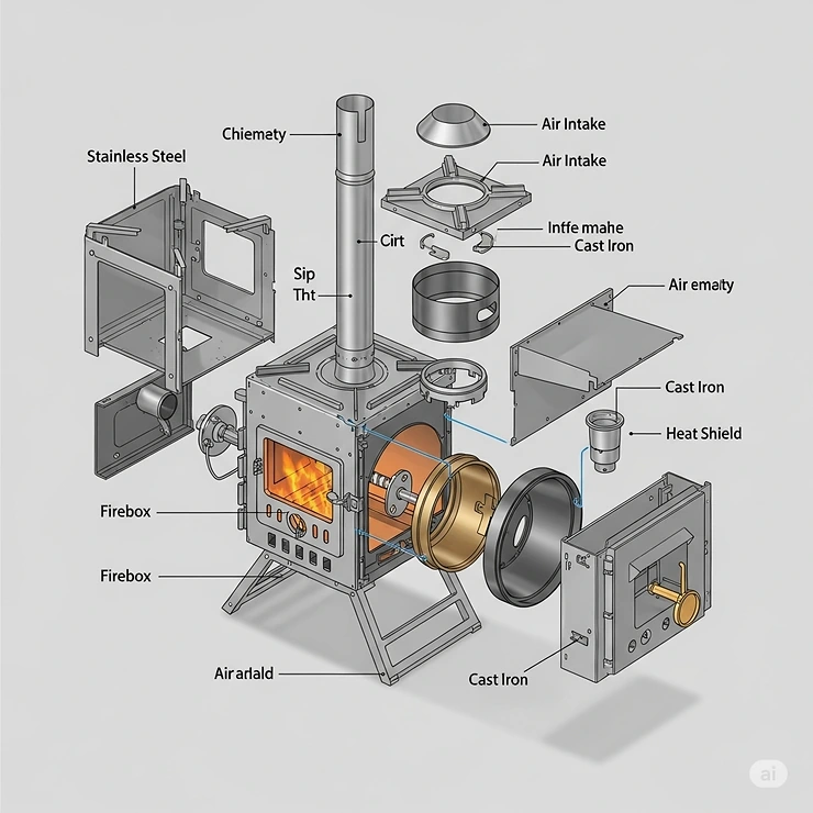 An exploded view illustrating the various components of a camping log burner stove, showcasing its design and features.