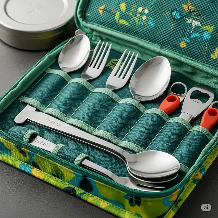 An open fabric organizer bag neatly holding various camping utensils, including forks, spoons, and a bottle opener, showcasing practical storage solutions.