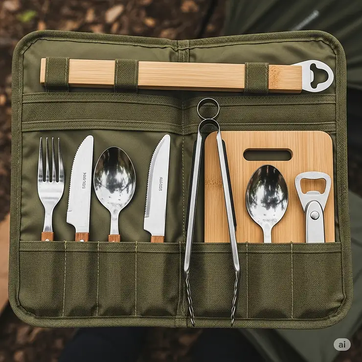 An open camping utensil organizer pouch, with various camping silverware pieces neatly tucked into individual slots, ready for transport.