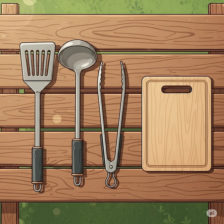 Overhead illustration displaying a complete camping utensil set laid out, including a spatula, ladle, tongs, and cutting board, showcasing all essential items for outdoor cooking.